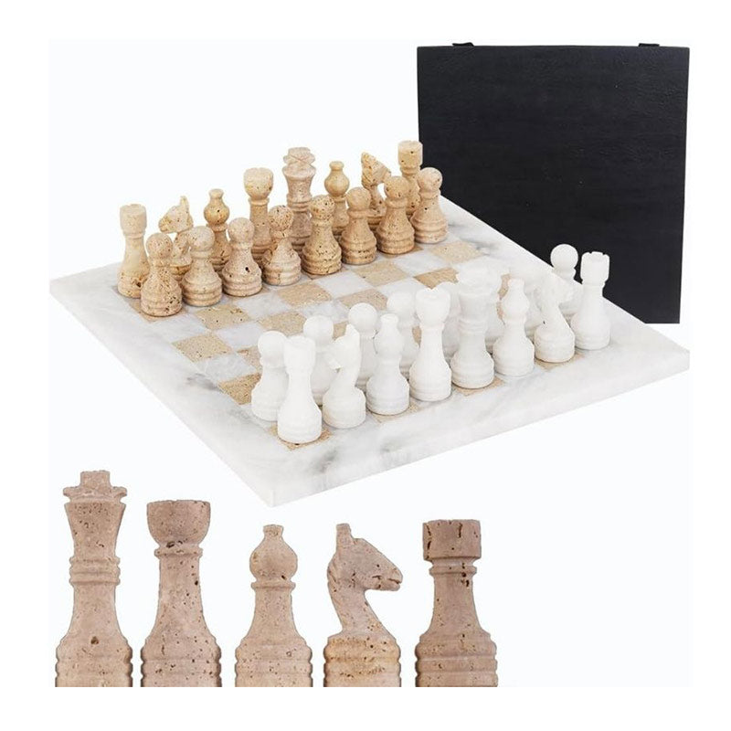 30cm Chess Set - White & Travertine