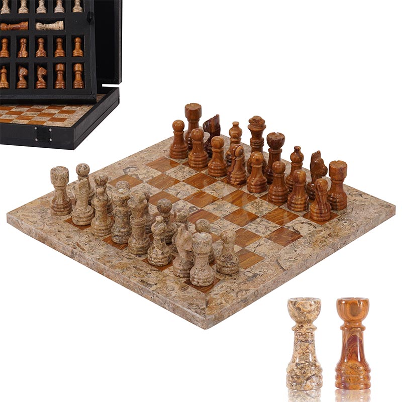 25cm Chess Set with Storage Box - Coral & Red