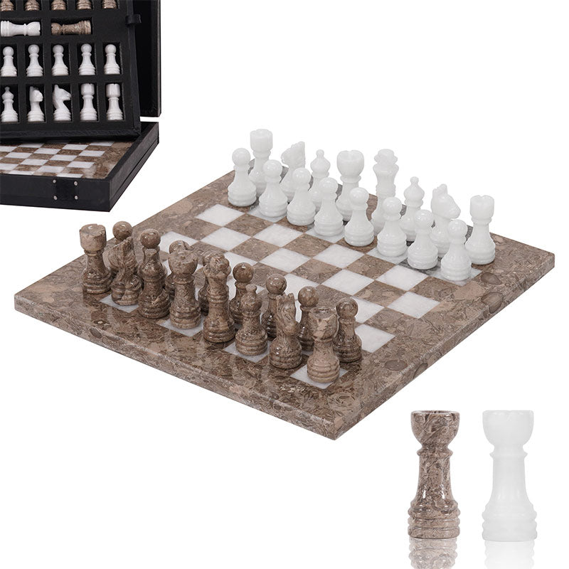 25cm Chess Set with Storage Box - Oceanic and White