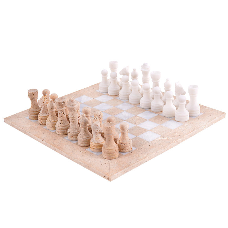 38cm Chess Set - Travertine & White