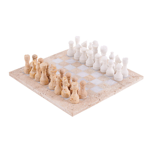 30cm Chess Set - Travertine & White