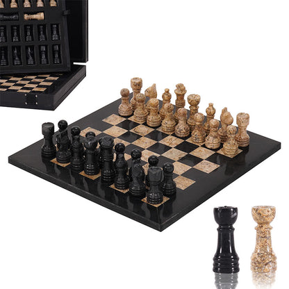 25cm Chess Set with Storage Box - Black & Coral