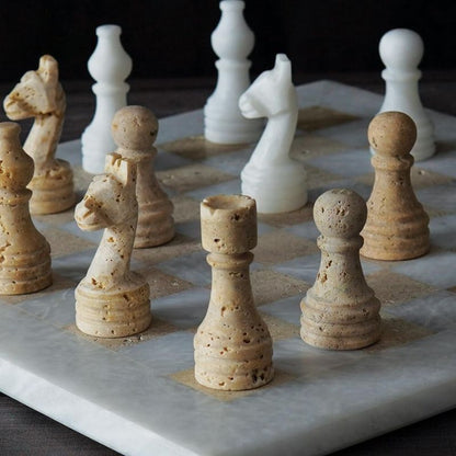 30cm Chess Set - White & Travertine